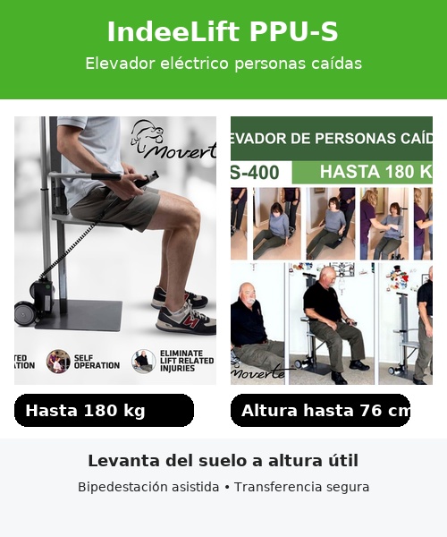 Elevador eléctrico IndeeLift PPU-S levantando a una persona del suelo hasta altura funcional con apoyo para bipedestación.