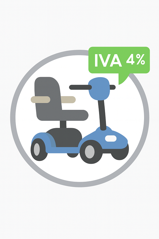 Scooter eléctrico azul con distintivo de IVA reducido al 4 %, símbolo de beneficio fiscal para personas con movilidad reducida.