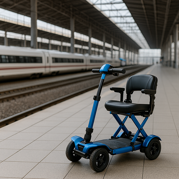 Scooter eléctrico plegable azul en un andén de tren de alta velocidad