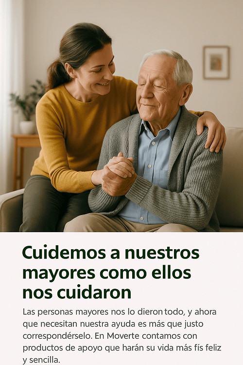 Mujer cuidando con cariño a un hombre mayor, representando el apoyo y la atención que necesitan nuestros mayores.