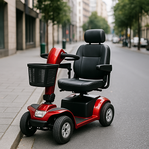 Scooter eléctrico rojo para personas mayores circulando por la ciudad