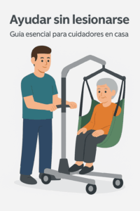 Cuidador utilizando una grúa de traslado para mover con seguridad a una persona mayor en casa.