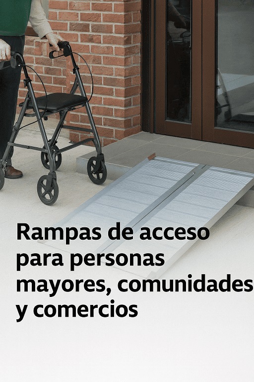 Persona mayor accediendo a un edificio mediante una rampa de aluminio con andador.