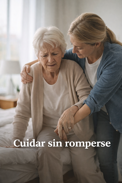 Mujer ayudando con cuidado a una persona mayor a levantarse de la cama, reflejando apoyo, acompañamiento y cuidado sin sobreesfuerzo