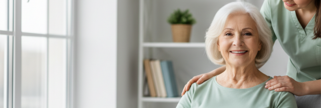 Mujer mayor acompañada y cuidada por sus hijos en el hogar, reflejo de cuidado, seguridad y apoyo familiar