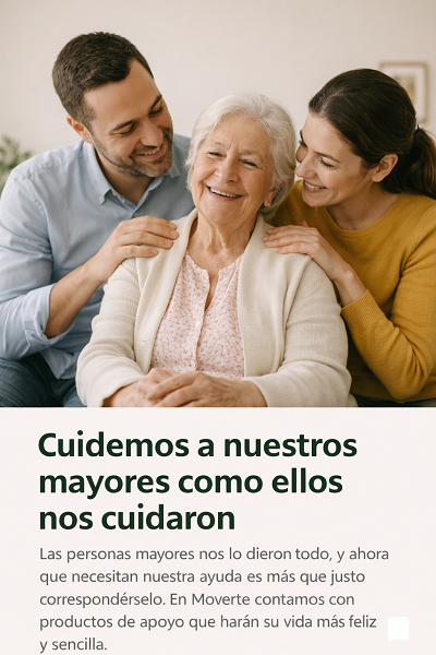 Mujer mayor acompañada y cuidada por sus hijos en el hogar, reflejo de cuidado, seguridad y apoyo familiar