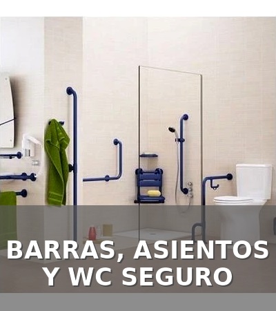 Baño adaptado con barras de apoyo y ayudas para mejorar la seguridad en la ducha y el WC.