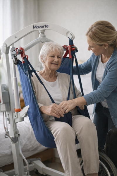Asistencia en la transferencia de paciente con grúa eléctrica en domicilio