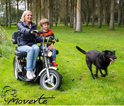 Persona mayor conduciendo scooter eléctrico con niño acompañante en un parque